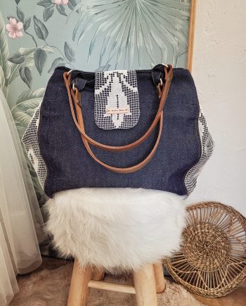 Cabas jeans - anses cuir doré.