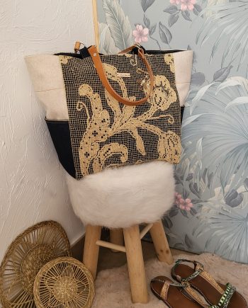 Cabas jeans, laine & crochet beige- XXL.